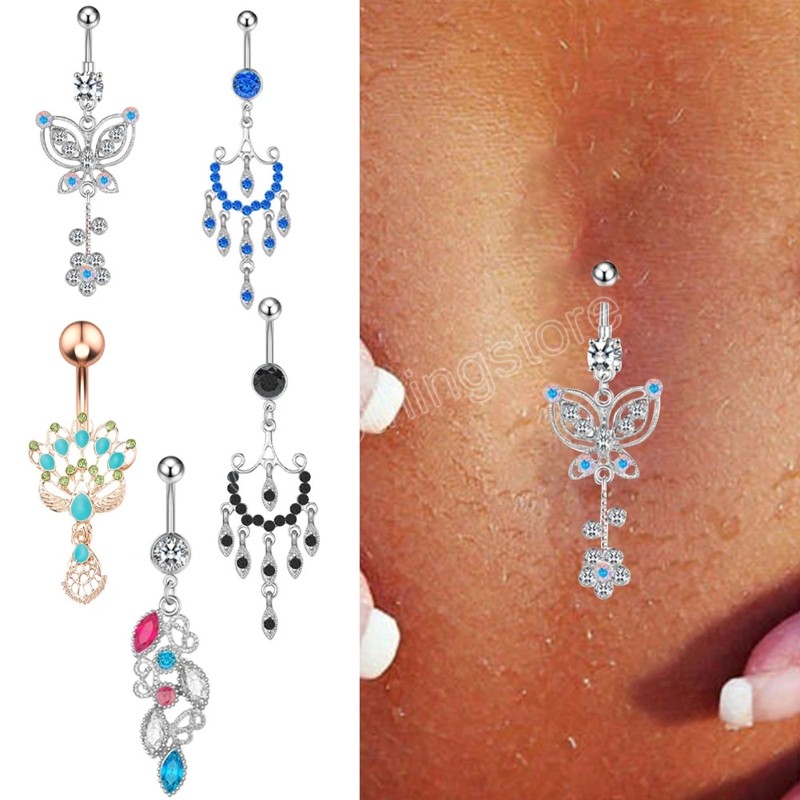 Aço inoxidável Crystal Butterfly Butrind Butrind Rings For Women Sexy Beach Anel Anel de Zircão Dangle Jóias de Piercing