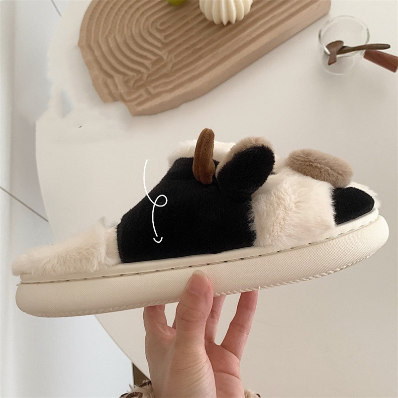 Home Shoes Soft Cute Girl Heart Cow Baotou Black And White Color Contrast Cotton Slippers Winter Fashion Girls Home Warm Plush Shoe Factory Direct Sales