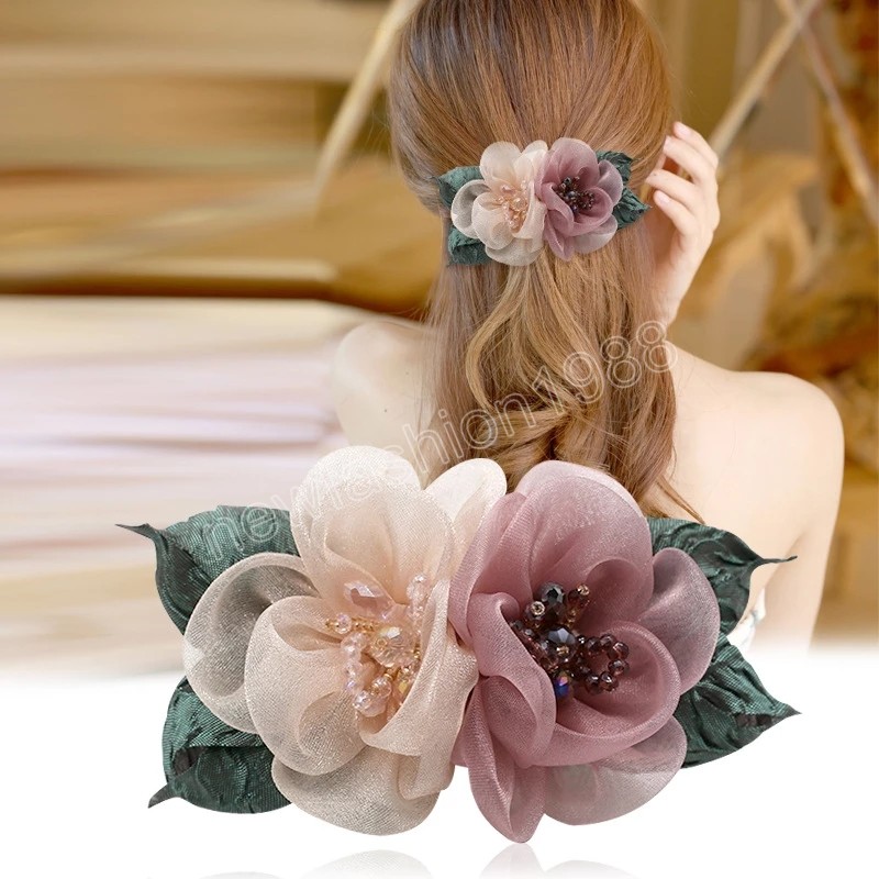 Rhinestone Chiffon Flower Hair Clips New Fashion Artificial Flower Wedding Party Barrettes Elegant Woman Hair Accessories