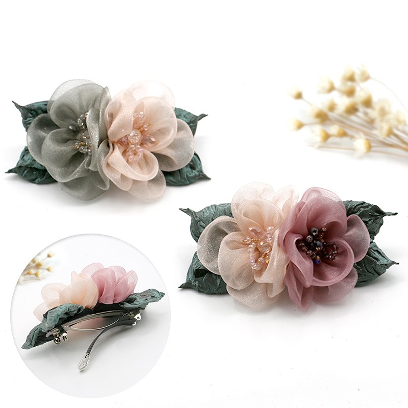 Rhinestone Chiffon Flower Hair Clips New Fashion Artificial Flower Wedding Party Barrettes Elegant Woman Hair Accessories