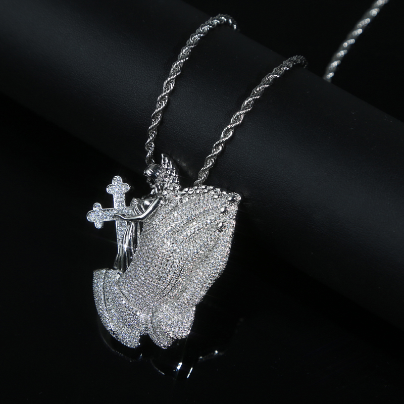 Iced out bling hand cross pendant paved full cz stone with rope chain necklace for women men punk styles hip hop jewelry wholesale