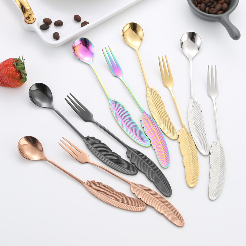 Stainless Steel Dessert Spoon Fork Set Feather-shaped Spoon Fork Coffee Stirring Spoon Tableware Festival Gift LX5358