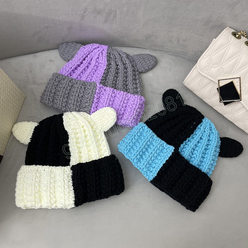 Mulheres knit chap￩u fofo cor de orelha costura de inverno chap￩u unissex homens mulheres hip hop esqui canam chap￩u de osso grosso bon￩ de gorro quente