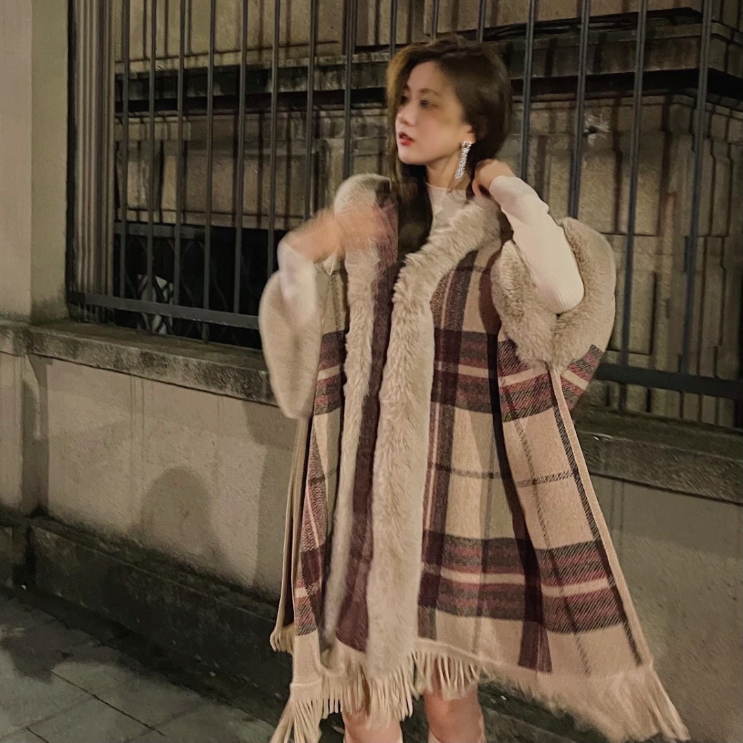 Faux Fur Flear Furt Okoł luźny Palazzo Plaid wzór frędzle z frędzl