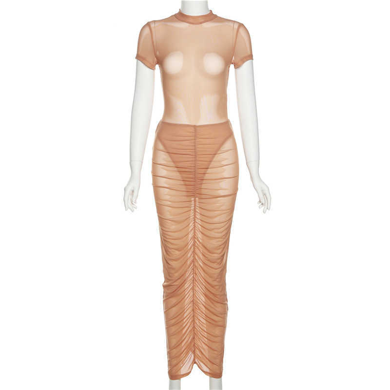 Women039s Two Piece Pants Anjamanor Sexig naken Mesh Ruched Maxi Kjol Set Outfit Dress See Through Club Outfits For Wome61824447