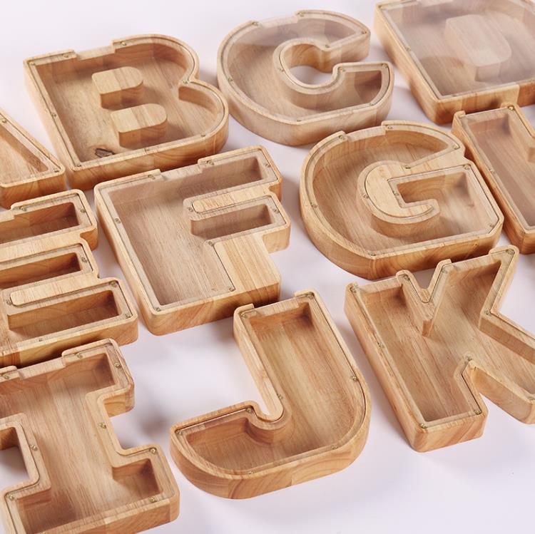 Wooden Money Storage Jar Transparent Money Saving Box 26 English Alphabet Letter Piggy Banks DIY Creative Gift SN5062