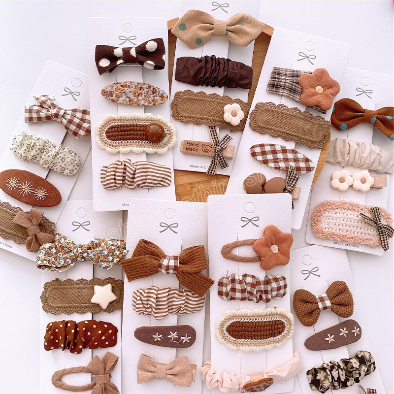 4 -stcschocoladekleurhaar clips voor meisjes haarspelden bowknop gebreide kinderen hoofdtekst geruite stippen bedrukte barettes haaraccessoires