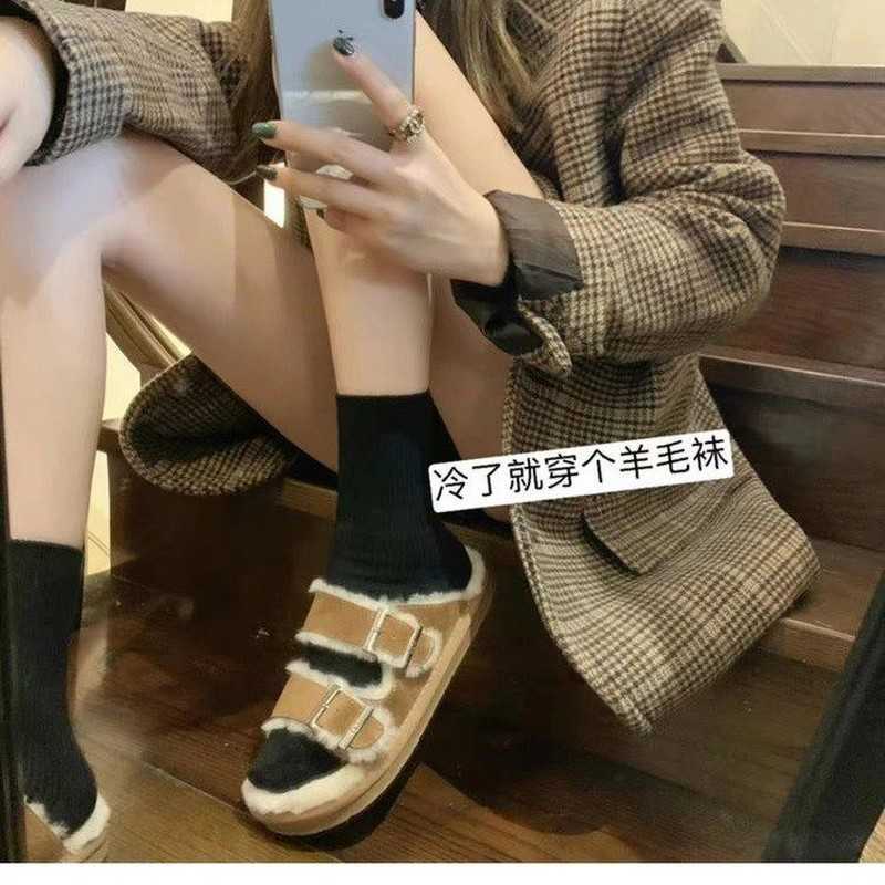 Boots 2022 Fur New Inside Cork Slipper Autumn Winter Women Women Numual Nubuck Leather Outside Buckle Soft Plush Slies Shoe Mujer 221215