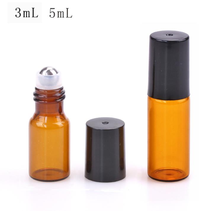 3ml 5ml Amber Glass Roll On Bottle Travel Essential Oil Perfume Bottle with Stainless Steel Balls SN553