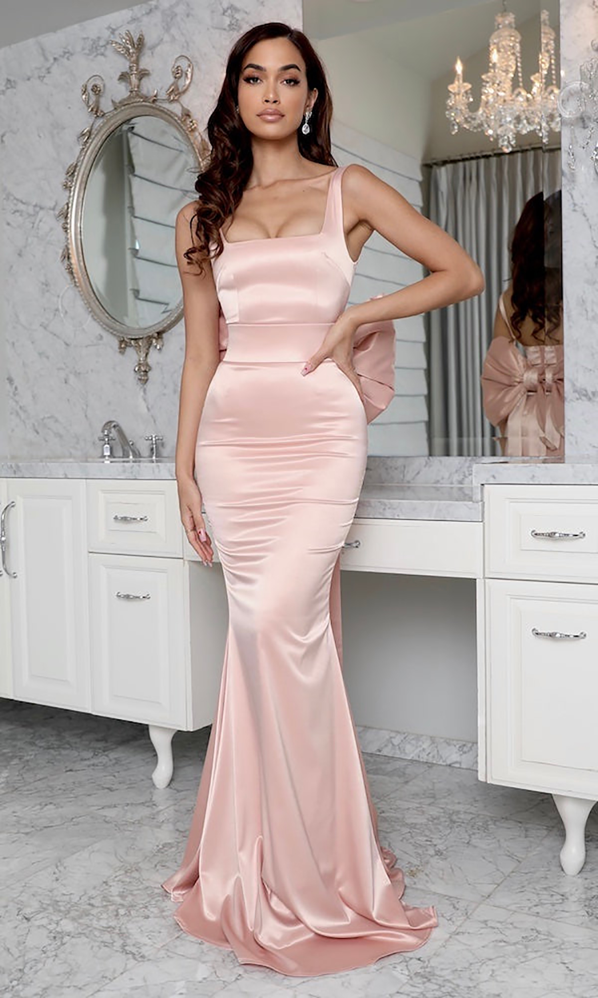 Изящные розовые вечерние платья Простые квадратные шею Big Bow Promp Плант без спины по полу официальные платья для вечеринок