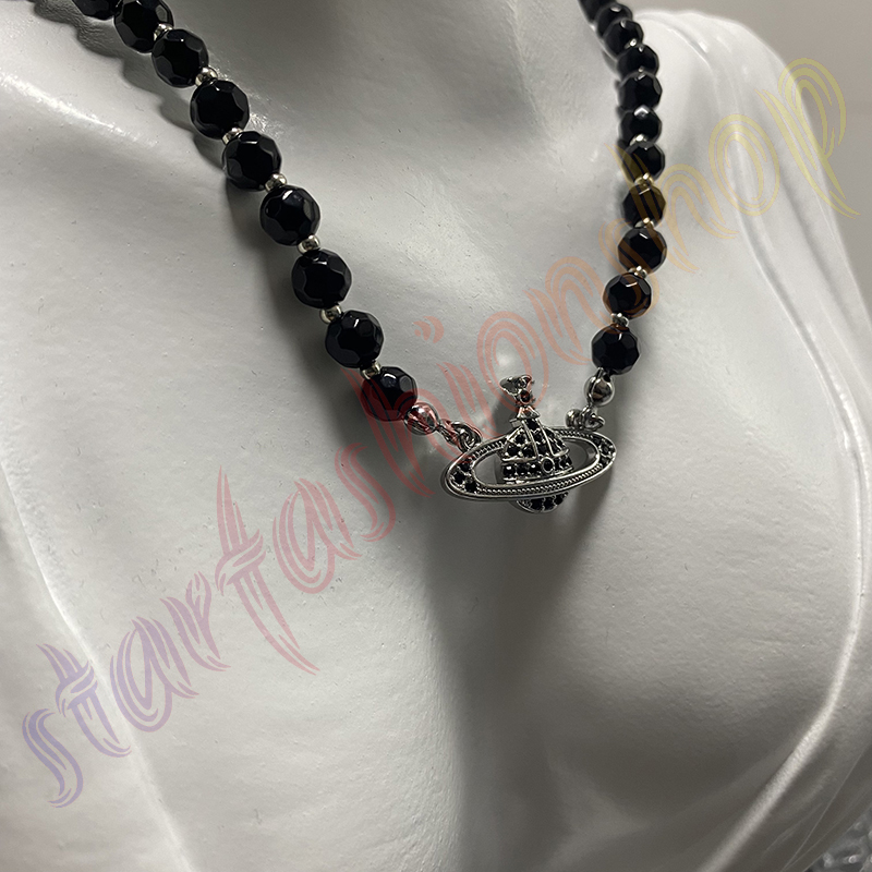 Saturn Black Crystal Single Layer Full Diamond Necklace Punk Dark Style Collarbone Chain Can Be Worn by Men and Women with box