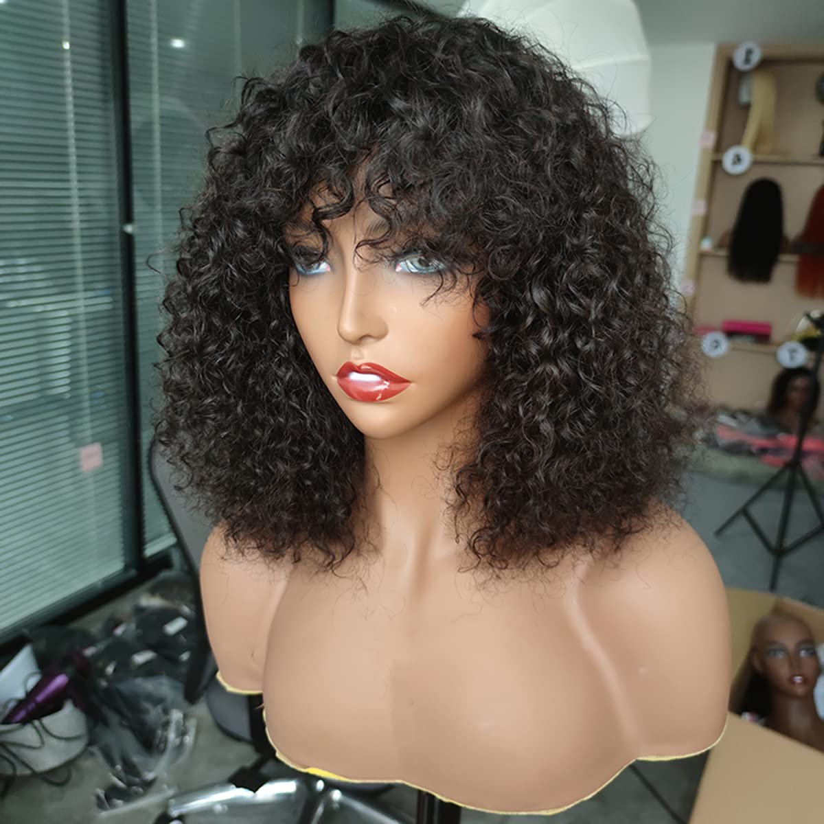 16 polegadas curtas Bob Curly Wig com franja Cabelo humano Natural Black Bouncy Shaggy Fringe Bang Wigs For Women Real Brasilian Remy Hair