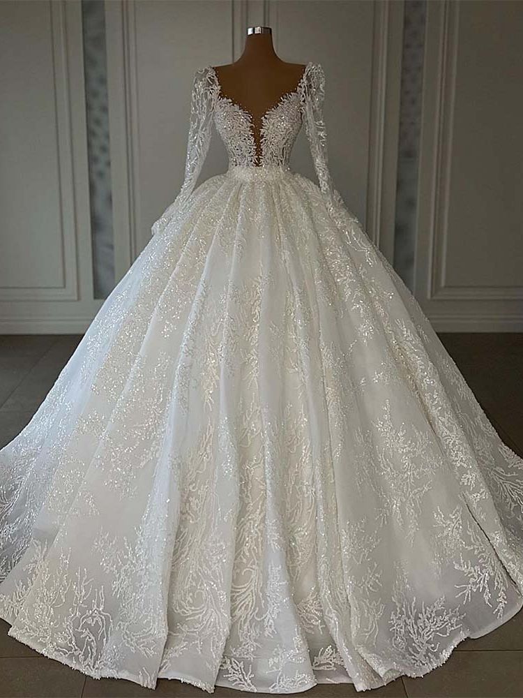 Abito da ballo di lusso su misura Abiti da sposa Abiti da sposa con paillettes a maniche lunghe con scollo a V gonfio Abiti da sposa da donna