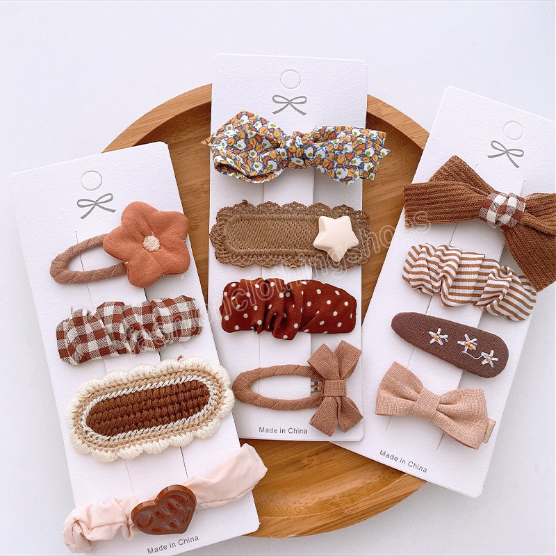 4 -stcschocoladekleurhaar clips voor meisjes haarspelden bowknop gebreide kinderen hoofdtekst geruite stippen bedrukte barettes haaraccessoires