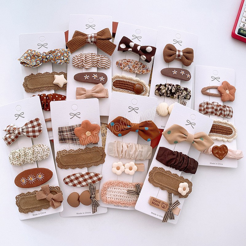 4 -stcschocoladekleurhaar clips voor meisjes haarspelden bowknop gebreide kinderen hoofdtekst geruite stippen bedrukte barettes haaraccessoires