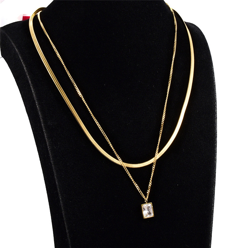 Punk Hip Hop Double Chains Necklace Designer 18K Gold Woman 316l Titanium Steel Snake Chain Rhinestone Square Pendant Neckor for Women Party Fashion Jewelry Gift