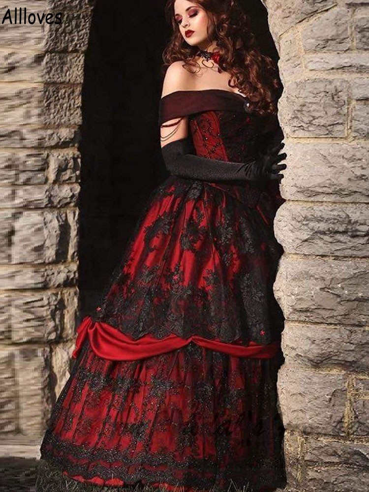 Gothic Red And Black Victoria Prom Dresses Off Shoulder Lace Appliques Beaded Vintage Evening Party Ball Gowns Corset Princess Duchess Formal Occasion Dress CL1623