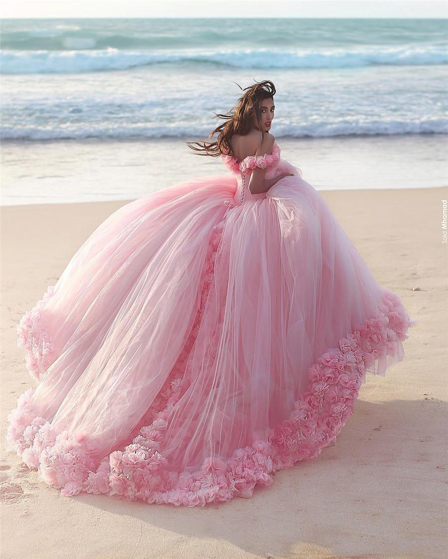 Pink Cloud 3D Flower Rose Wedding Dresses Long Tulle Puffy Ruffle Robe De Mariage Bridal Gown Said Mhamad Wedding Gown241E