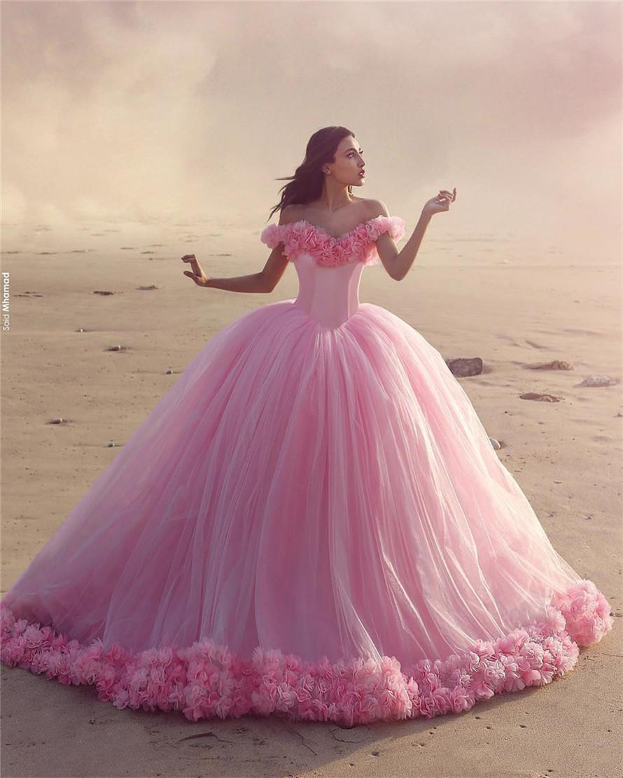 Pink Cloud 3d Flower Rose Brautkleider Langes Tüll geschwollene Rüschenrobe de Mariage Brautkleid sagte Mhamad Hochzeitskleid241e