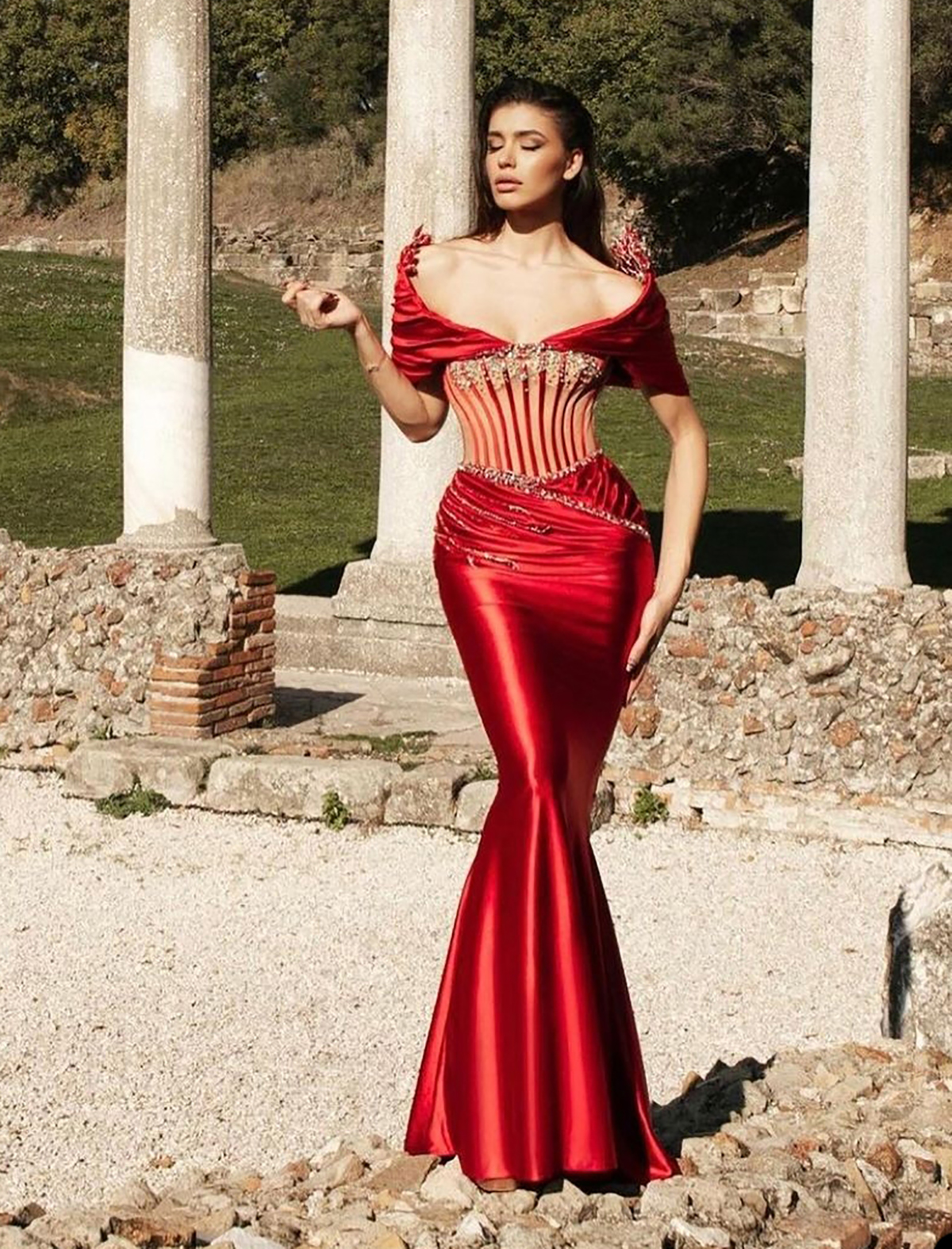 Abiti da sera eleganti a sirena rossa Abiti da ballo sexy con perline Illusione al largo della spalla Abiti da festa formali Realizzati su misura