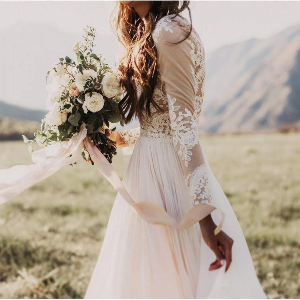 Bohemian Country Wedding Suknie Nowe tanie długi rękaw z koronkowymi aplikacjami ślubnymi suknie ślubne A-line vestido de novia Custom