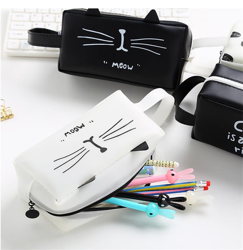 أكياس قلم رصاص الكرتون سعة كبيرة سعة مدرسة القلم الجلود مربع لطيف Creative Cats Cates Office Supplies اللوازم الثابتة