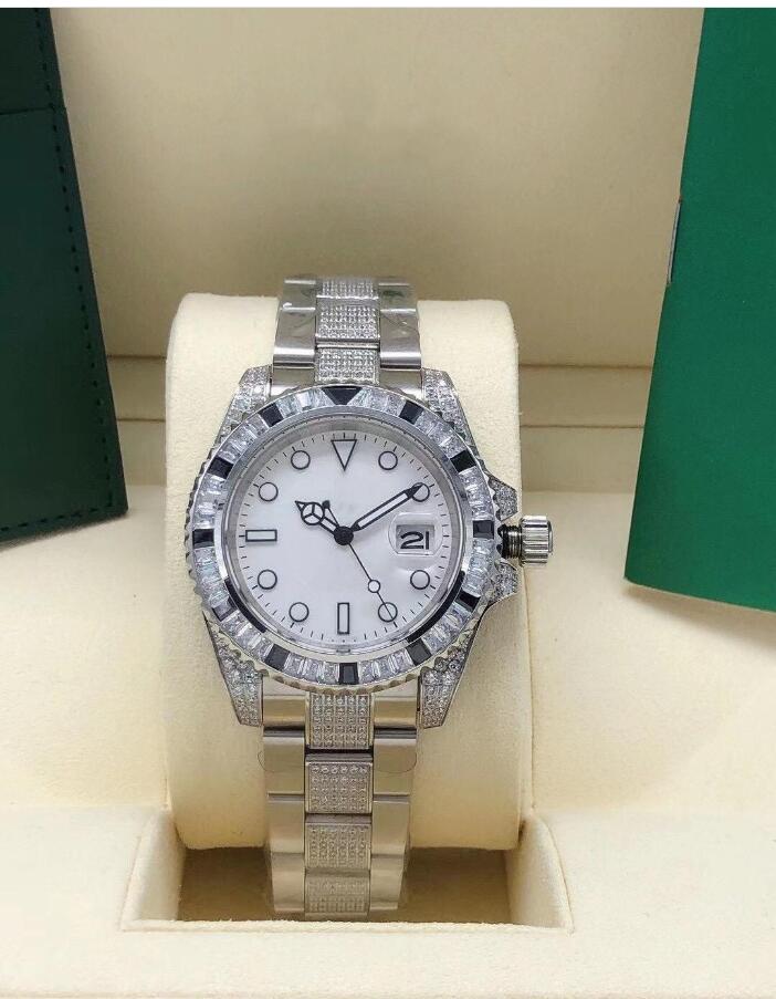 Herrenuhr Automatische mechanische Bewegung Uhren Diamant Edelstahlarmband Schwarz Weiß Kristall Mode Mann Armbanduhren Watche189Q