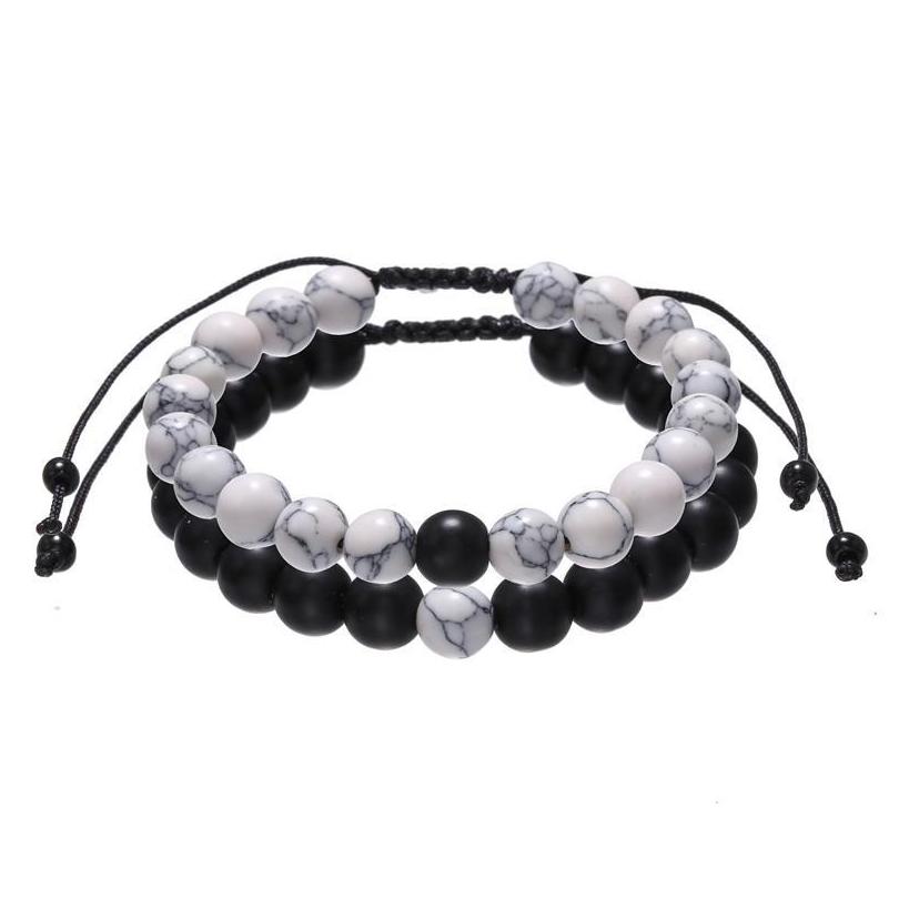 Braccialetti con ciondoli 2 pezzi / set coppie distanza treccia set da uomo regolabile pietra naturale bianco e nero braccialetto con perline Ying Yang Jewelrycha Dh3Xl