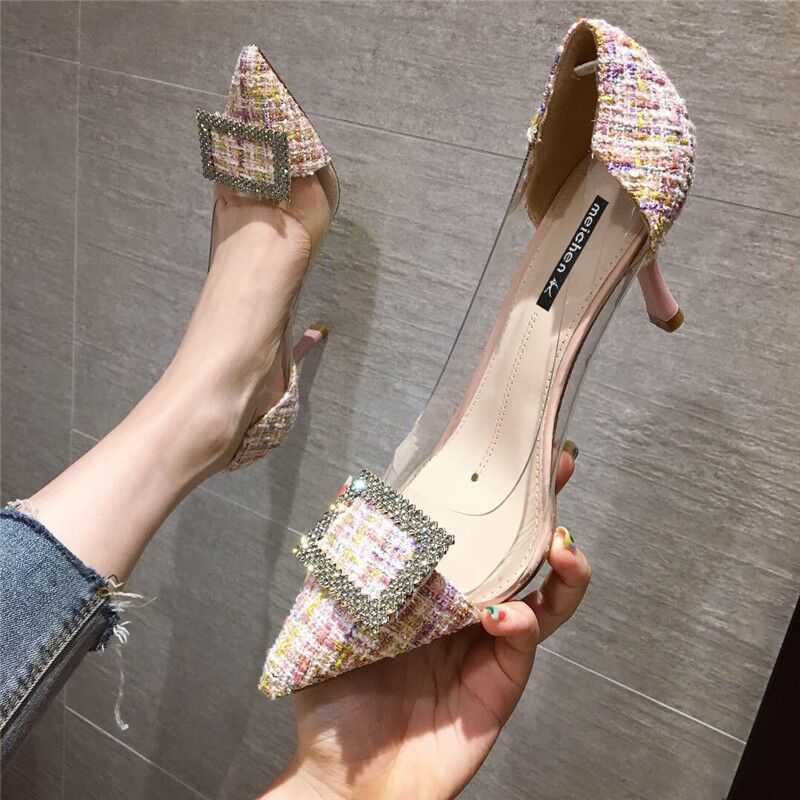 Zapatos de vestir Chica francesa Tacones altos Bombas de estilete para mujer Color mezclado Todo fósforo Hebilla de diamantes de imitación Transparente Puntiagudo Zapatos de vestir de fiesta sexy 221224