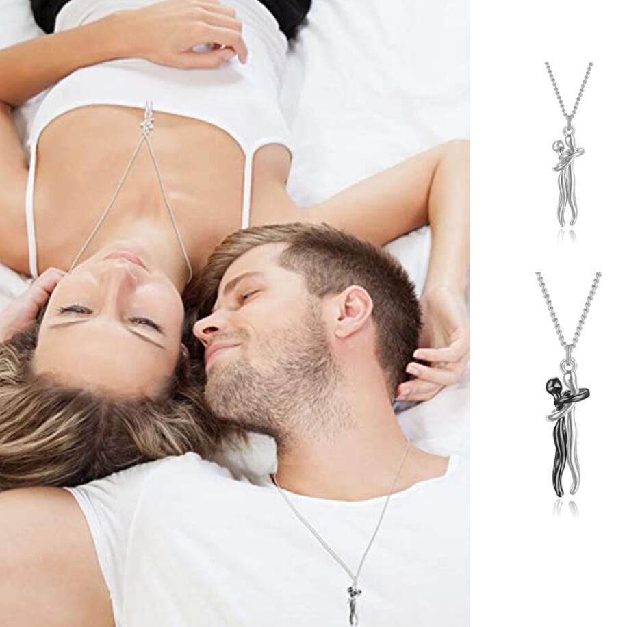 Simple Lovers Hug Necklace Personality Creative Titanium Steel Embracing Necklaces Fashion Couple Chain Necklace Pendant Xmas Gift