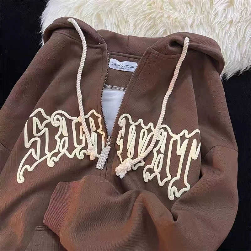 Vintage Zip Up Hoodies Women Harajuku Letter Print Long Sleeve Hooded Sweatshirts Gothic Oversized Jacket Coat Y2k Streetwear