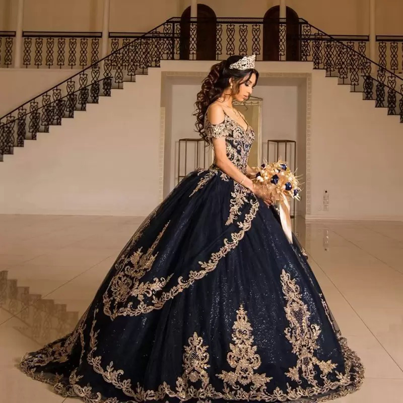 Navy Blue Quinceanera Dress - Embroidered Charro Style Ball Gown for Sweet 16 & Prom