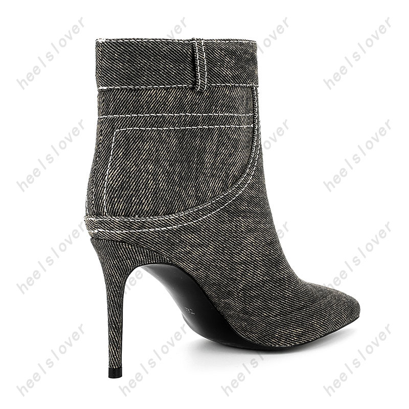 Heelslover femmes hiver Denim bottines sans lacet Sexy talons aiguilles bout pointu gris chaussures de fête nous grande taille 5-13