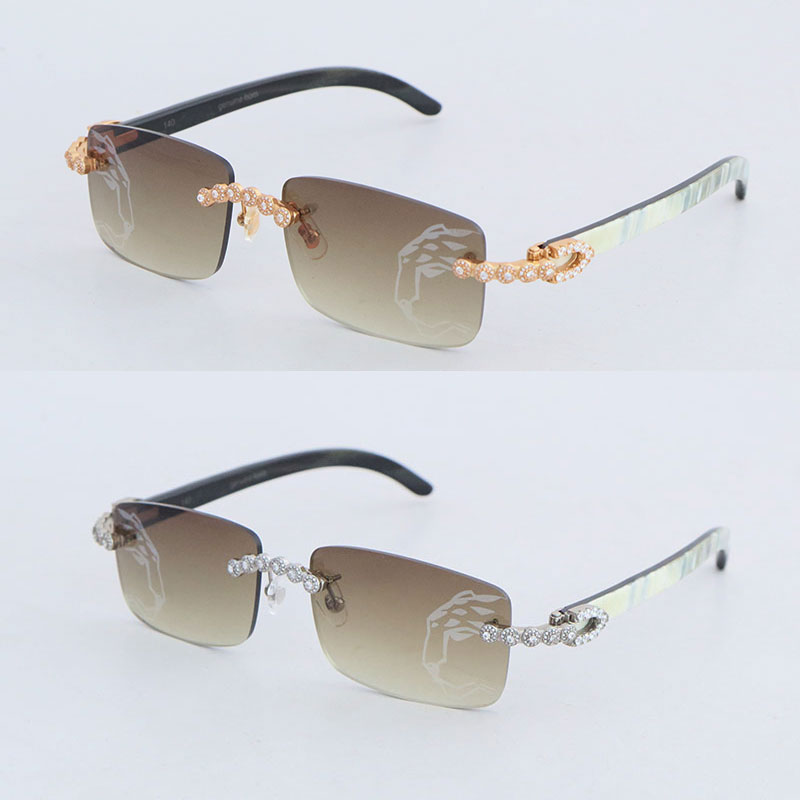 Luxury Moissanite Diamond Rimless Sunglasses for Women Original Marbled Black Buffalo Horn Men Vintage Leopard lens glasses Big St1833