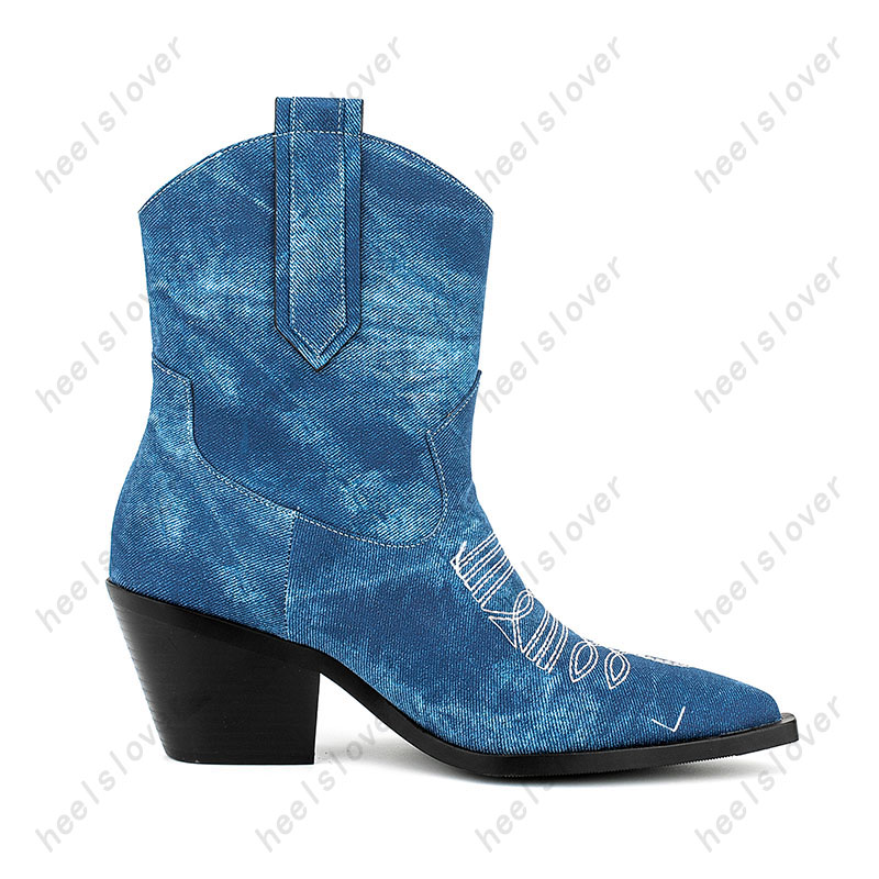 Heelslover Women Winter Chelsea Ankle Boots Unisex Denim Chunky Heels Pointed Toe Pretty Blue Party Shoes US Plus Size 5-13