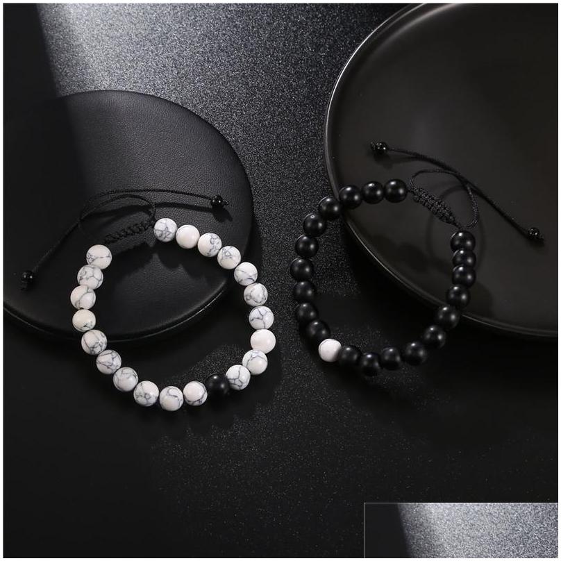 Braccialetti con ciondoli 2 pezzi / set coppie distanza treccia set da uomo regolabile pietra naturale bianco e nero braccialetto con perline Ying Yang Jewelrycha Dh3Xl