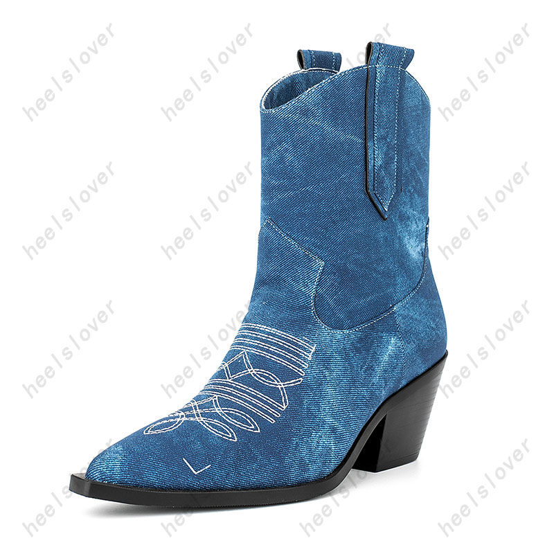 Heelslover Damen-Winter-Chelsea-Stiefeletten, Unisex, Denim, klobige Absätze, spitze Zehen, hübsche blaue Partyschuhe, US-Größe 5–13