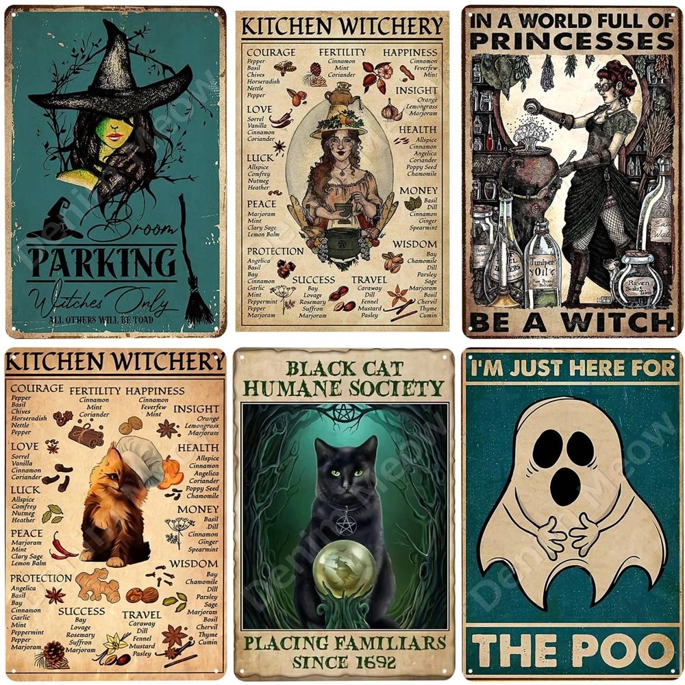 Ведьма кухня ретро -металлическая живопись Witch's Blessing Vintage Poster Home Bar Cafe Decor Decor Halloween Metal Plate Black Cat Art Знак