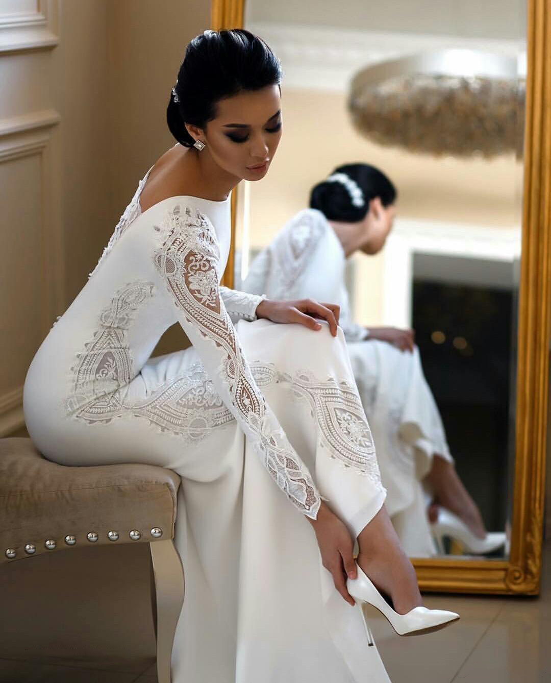 Mütevazı denizkızı gelinlik dantel aplike boncuklu berta süpürme treni boho gelinlik gelinlik kolları abiti da sposa5195031