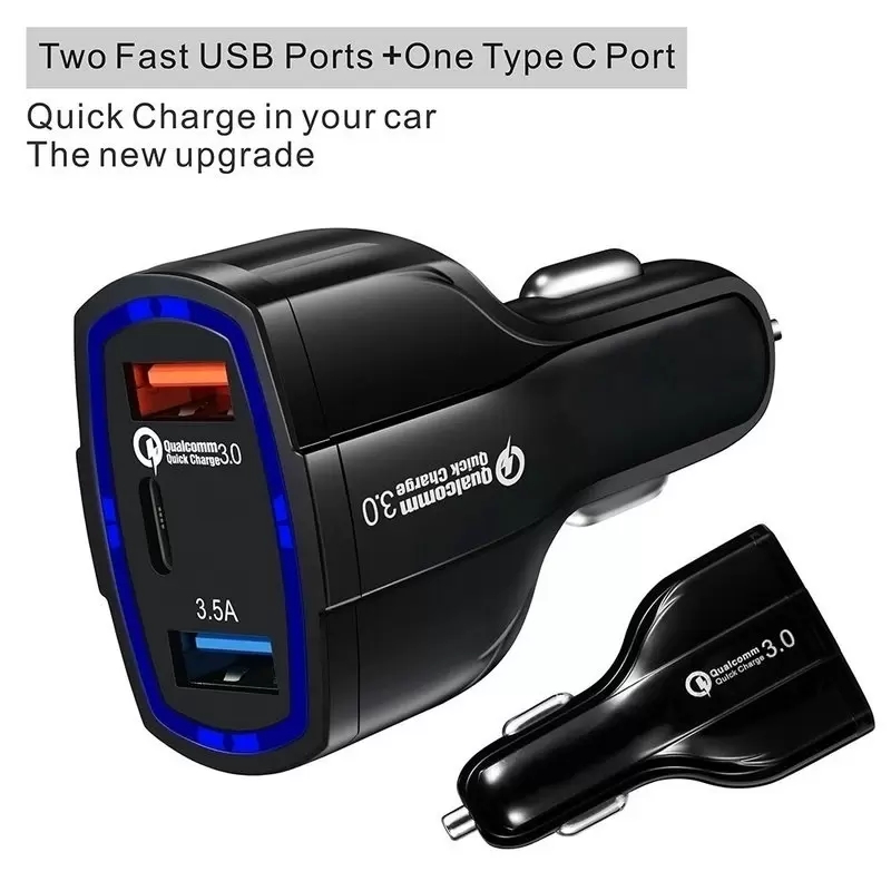 3-Ports LED QC 3.0 PD Car Chargers Fast Charging Type-C 35W 7A Quick Charger Dual USB Adapter For iphone 11 12 13 14 pro max Samsung With Retail Box Package