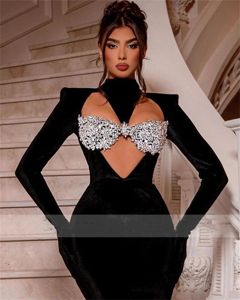 Elegant Black Velvet Mermaid Evening Dresses 2023 Crystal Long Sleeves Saudi Arabic Long Dubai Formal Party Gown Robe De Soiree