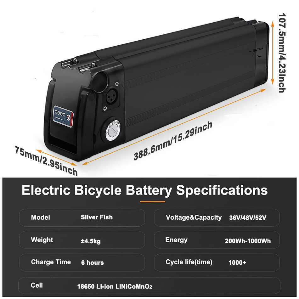 Batterie Ebike 36V 20AH Silver Fish Vélo électrique 48V 52V Batterie rechargeable au lithium-ion pour moteur puissant 350W 500W 1000W