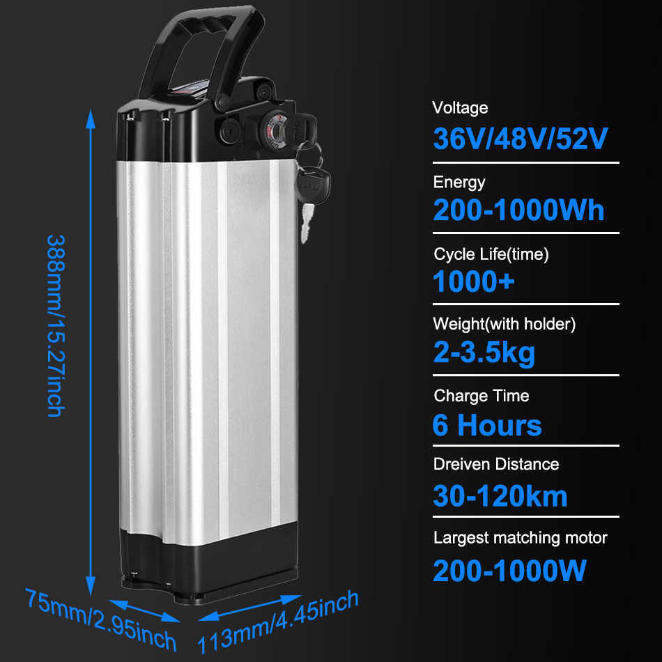 Sliver Fish Battery Ebike Bative 48V 20ah 36V 52V Lithium ion ion Reckargeable Bicklecle Battery Packge 18650 Cell for 200-1000W Motor