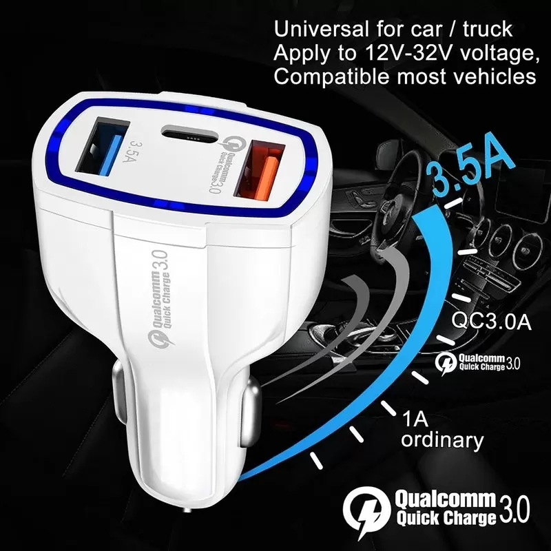 Chargeur de voiture à 3Ports LED QC 30 PD, charge rapide, TypeC 35W 7A, double adaptateur USB pour iphone 11 12 13 14 pro max Samsu7744591