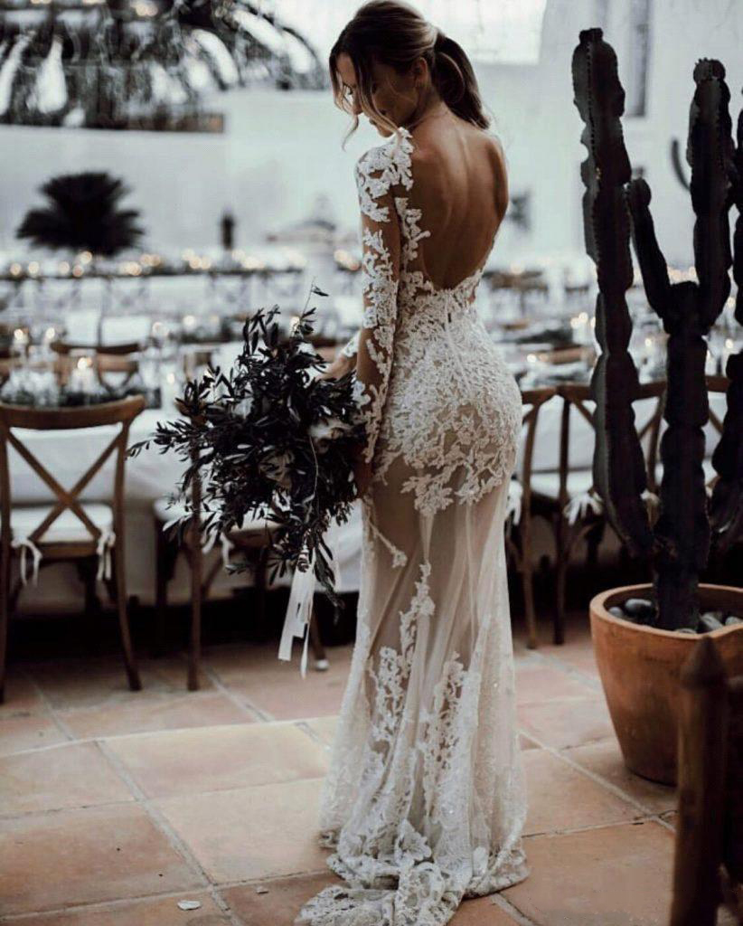 Sexy Sheer Bohemian Wedding Dresses Sheath Long Sleeves Lace Appliqued Backless Beach Boho Bridal Gowns