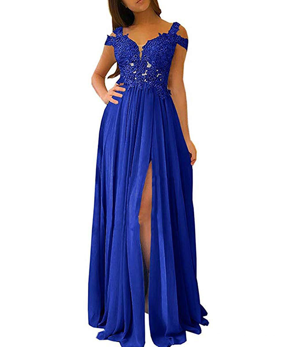 Modern Lace prom jurken Off Schouder Open Back High Side Split Chiffon Sweep Train Formele feest avondjurk Elegante speciale gelegenheid jurk