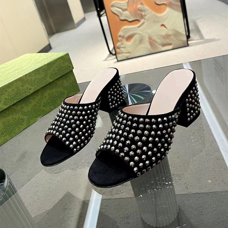 yaz lüks tıknaz sandalet topuk tasarımcısı klasik altın düğmesi kristal rhinestone süslemeli 10 cm yüksekliğinde topuklu kadın ayakkabılar kutu kapak topuk terlikleri 35-42 boyutu