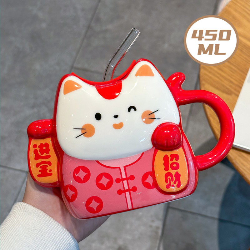 Taza de gatos bonitos de 450ML con pajita y tapa, Taza de leche de té y café de cerámica, regalo de año, cumpleaños para niños