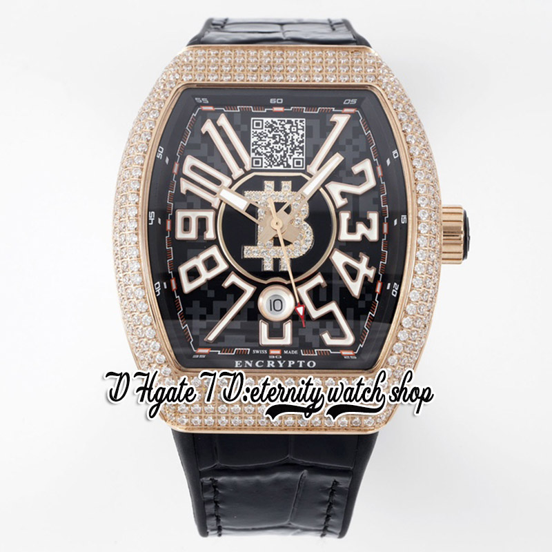 ABF Vanguard Encrypto V45 A2824 Automatische heren Watch Iced Out Diamonds Case Black Dial met Bitcoins Wallet Address Leather Riem Super Edition Eternity Watches