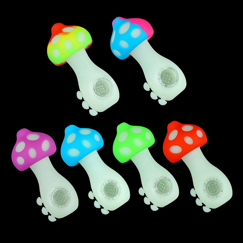 Wholesale Glow In Dark Pipes Colorful Silicone Mushroom Shape Herb Tobacco Oil Rigs Glass Porous Hole Filter Bowl Handpipes Smoking Cigarette Holder Tube